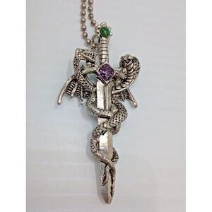 CCI Dragon Sword Pendant Necklace Gothic Fantasy Silver Tone 2 1/2 Inch